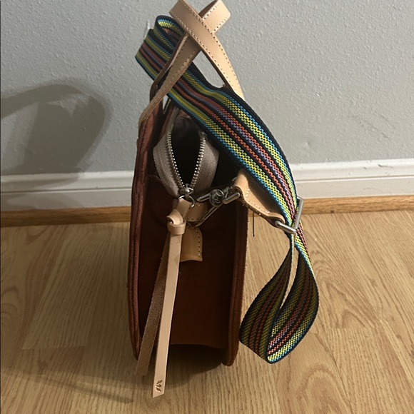 Consuela Brown Suede Floral Embroidered Crossbody with Striped Strap - Picture 5 of 7